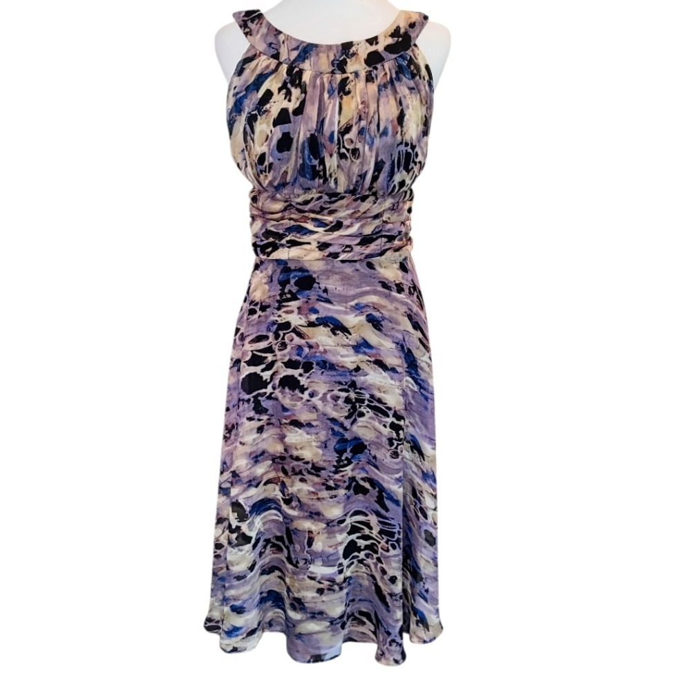 Connected Apparel Dress Women 6 Purple Abstract Watercolor Ruched Midi TB233029M